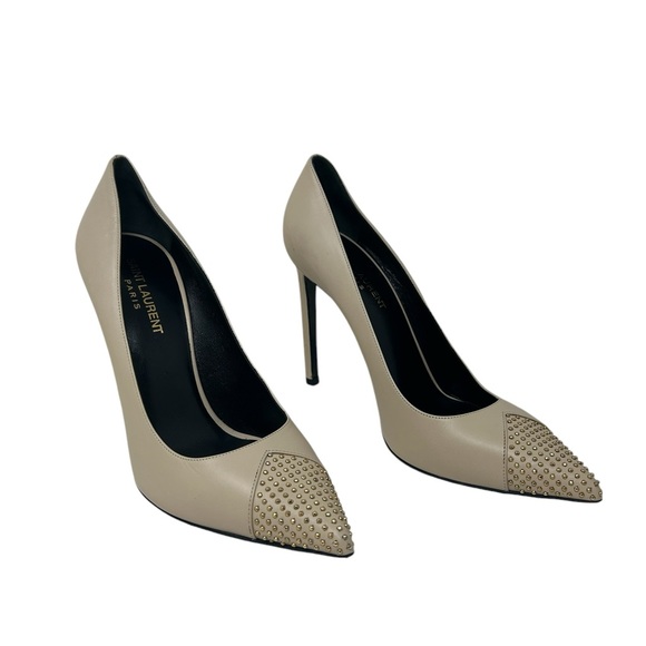 Saint Laurent Paris Beige Leather Gold Studded Cap Toe High Heel Stiletto Pumps - Picture 1 of 10